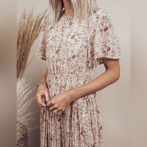 Hayden Pink/Tan Floral Pleated Midi Maxi Dress Feminine Office Wedding Large
